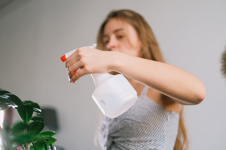 Long haired lady using white spray bottle for green plant in selected focus